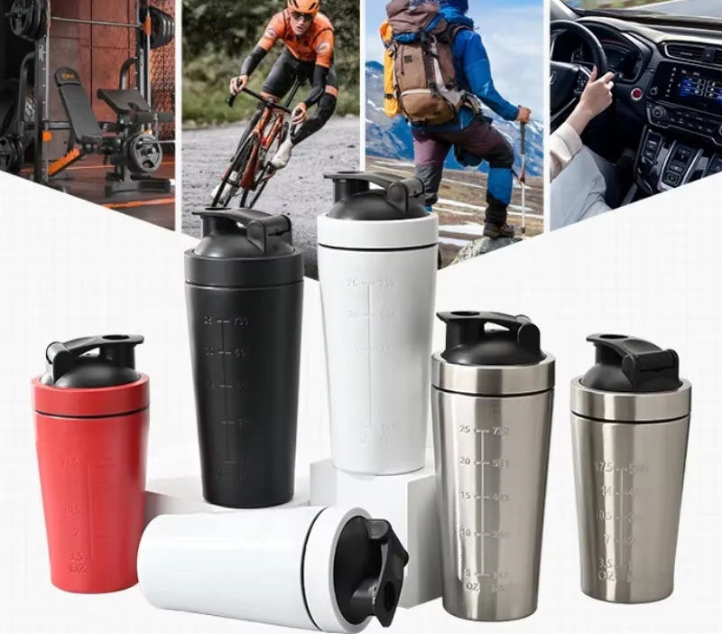 500ML/750ML Stainless Steel Protein Powder Shaker Bottle with Steel Ball and Scale Leak Proof Gym Fitness Sport Whey Shakes Cup