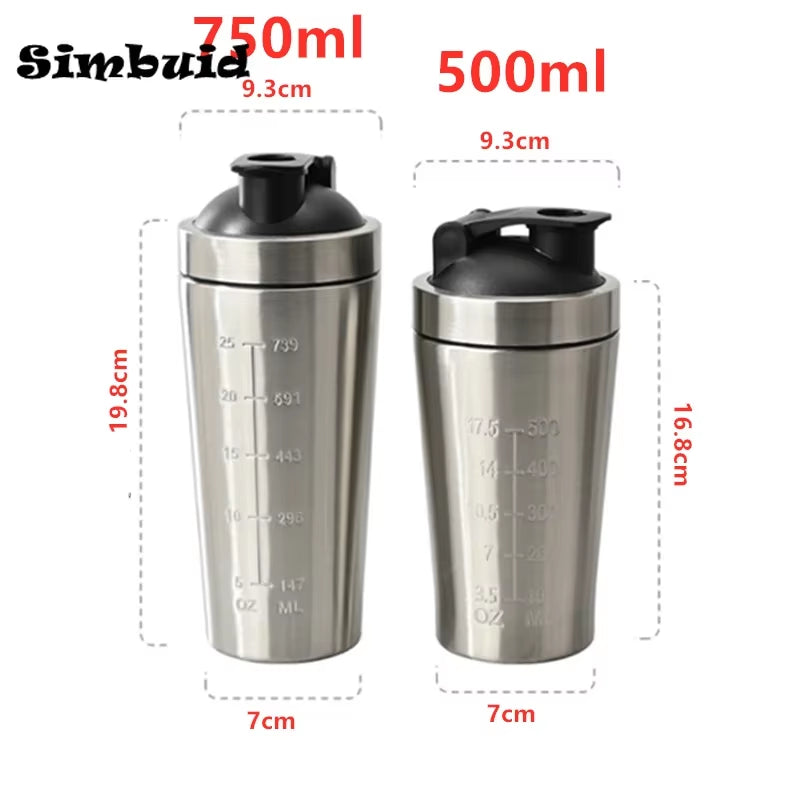 500ML/750ML Stainless Steel Protein Powder Shaker Bottle with Steel Ball and Scale Leak Proof Gym Fitness Sport Whey Shakes Cup